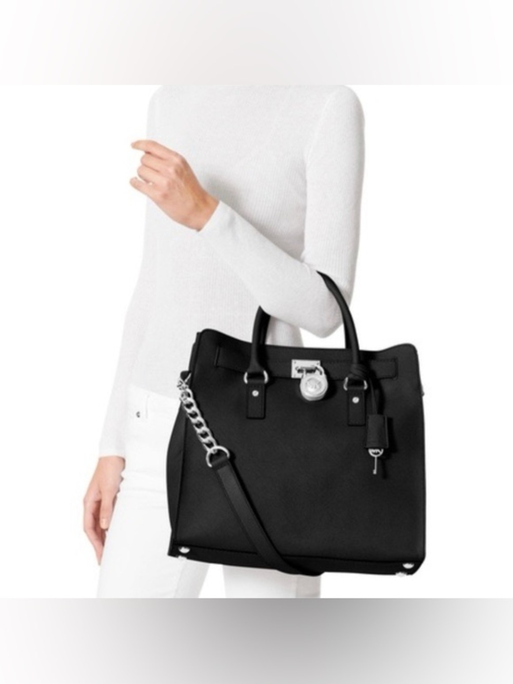 Michael Kors Black Leather Satchel with Silver Hardware